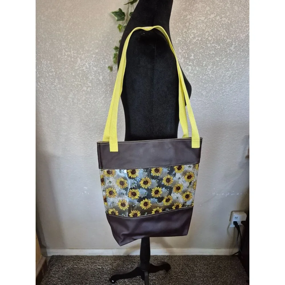 Sunflower and Bee Clear-Panel Tote Bag - Summer Market & Beach Organizer